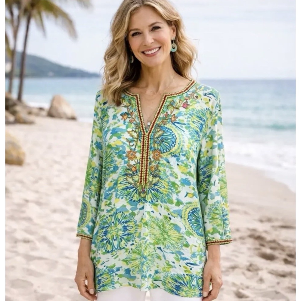 Soft Surroundings Jersey Knit Tunic Top V Neck Beaded Sequin‎ Boho Resort Art XS